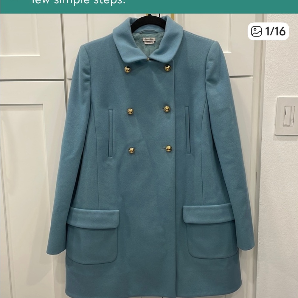 Miu Miu Double-Breasted Blue Pea Coat